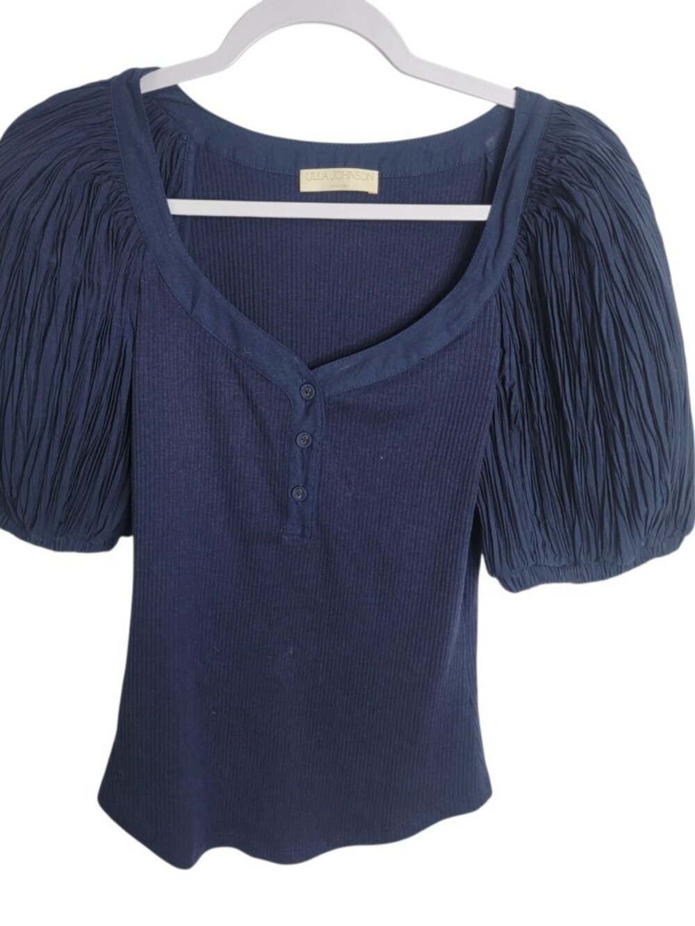 Ulla Johnson Marika Top Navy Blue Size Small Ribbed Puff Sleeve Henley Designer - Picture 2 of 7